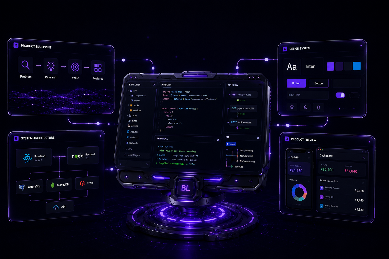 Product development visual showing blueprint, design system, architecture and preview
