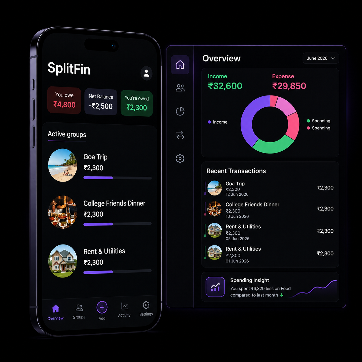 SplitFin app shown on a phone with a finance dashboard behind it