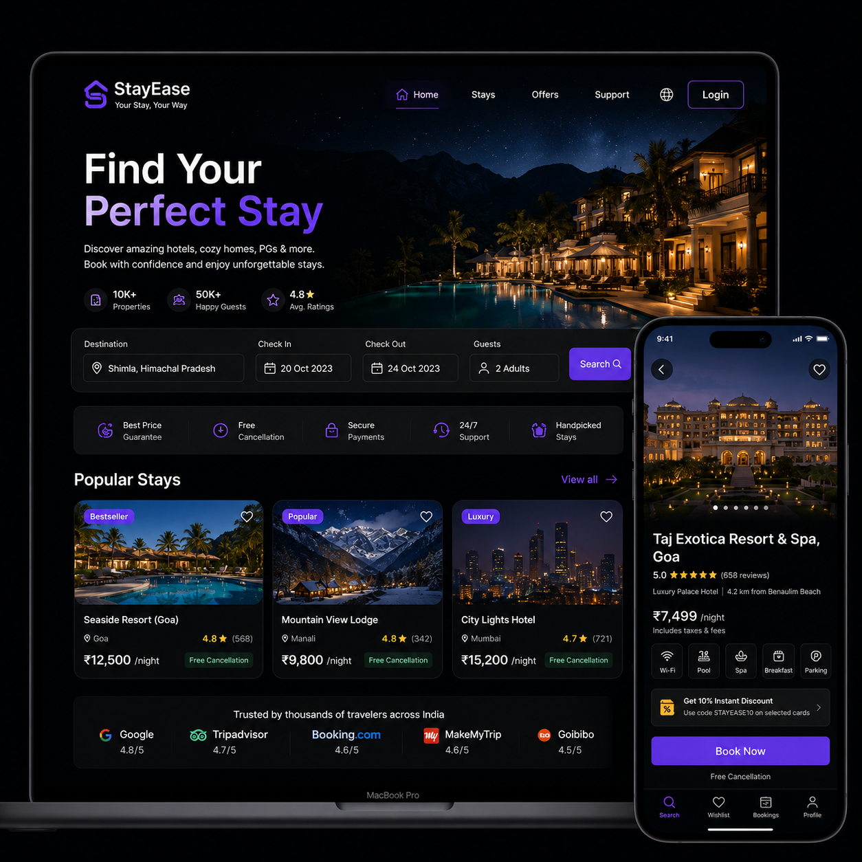 StayEase hotel booking site on a laptop with a mobile hotel detail view